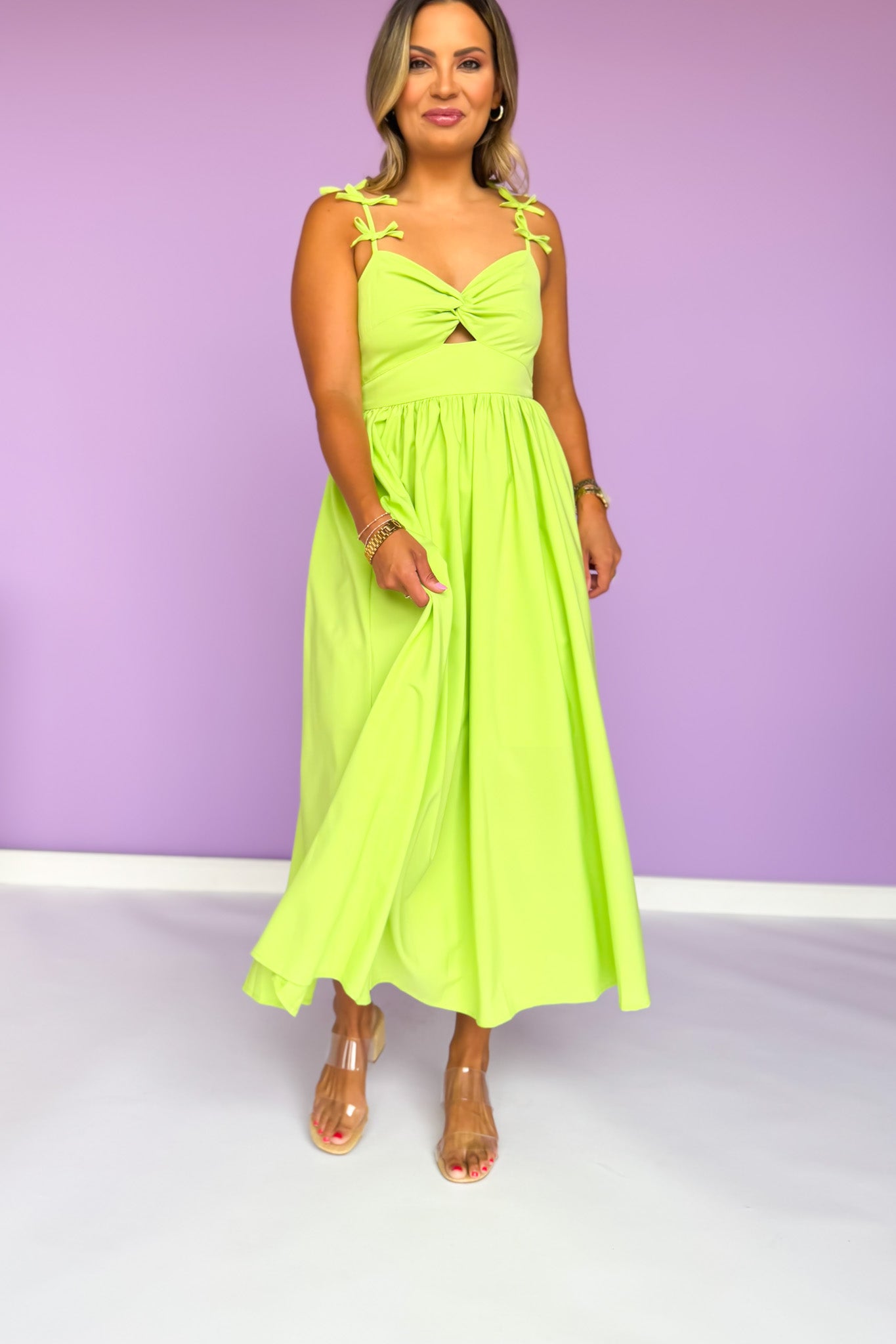 Lime Bow Shoulder Sleeveless Cutout Midi Dress