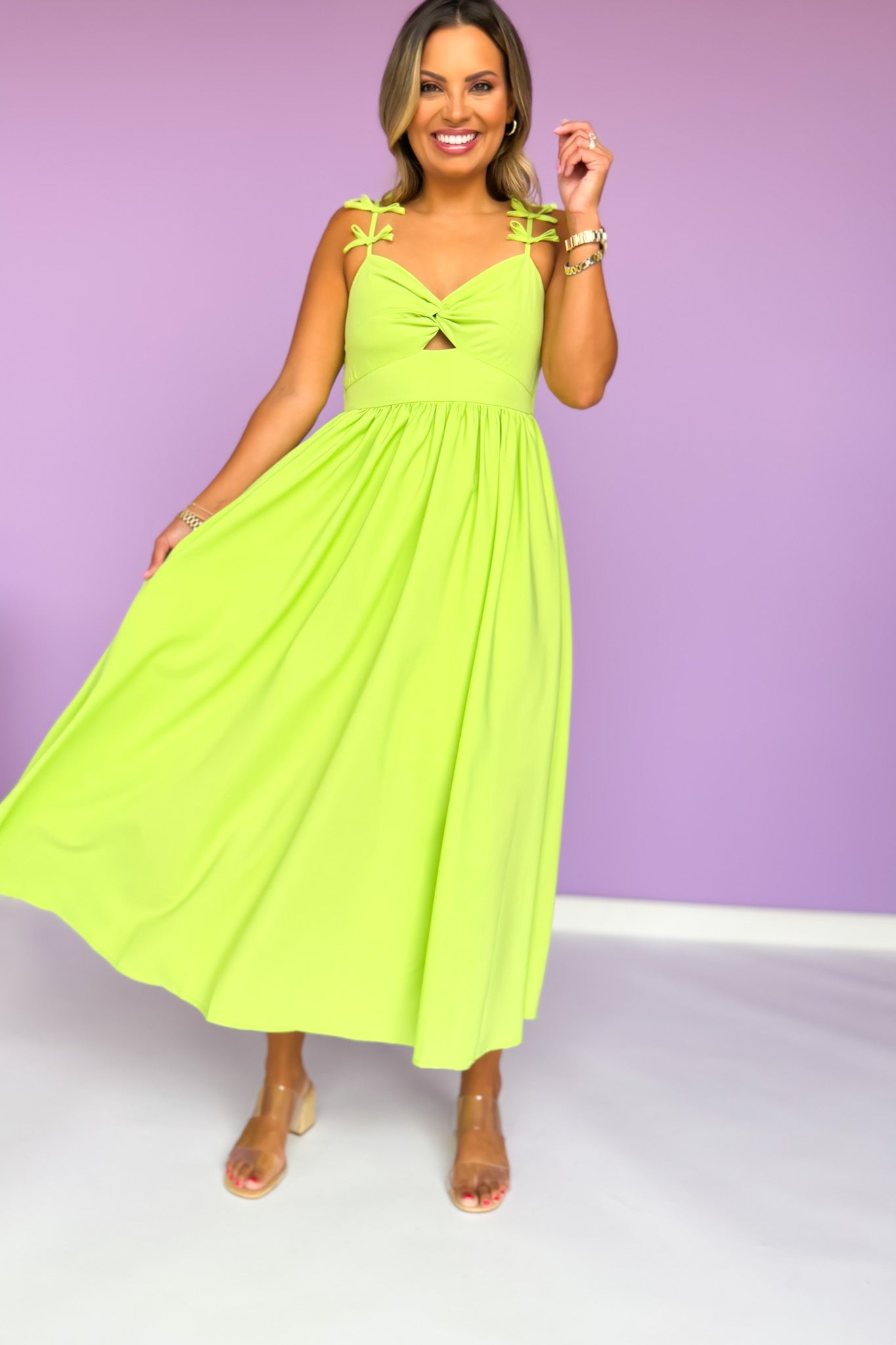 Lime Bow Shoulder Sleeveless Cutout Midi Dress