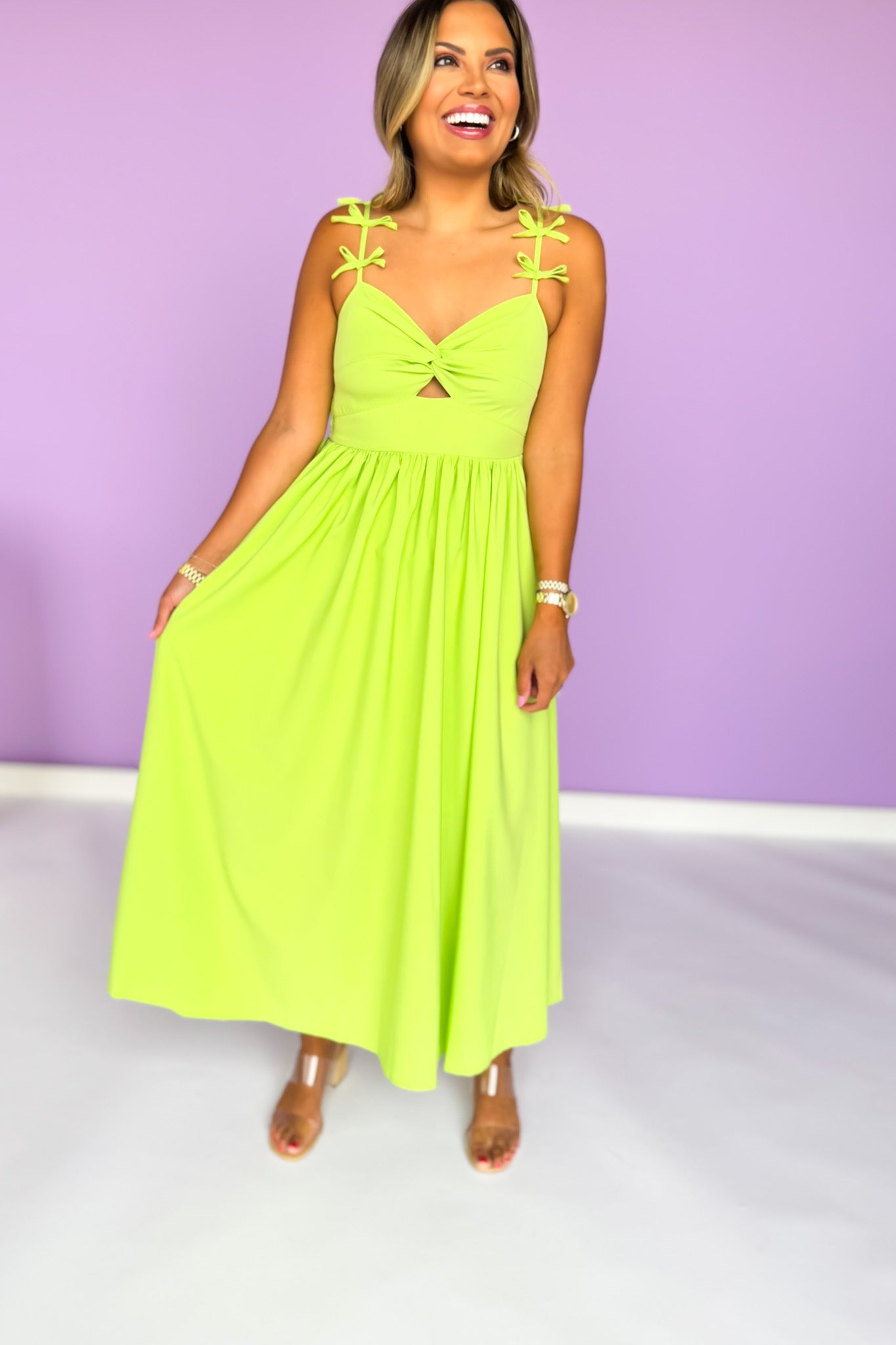 Lime Bow Shoulder Sleeveless Cutout Midi Dress
