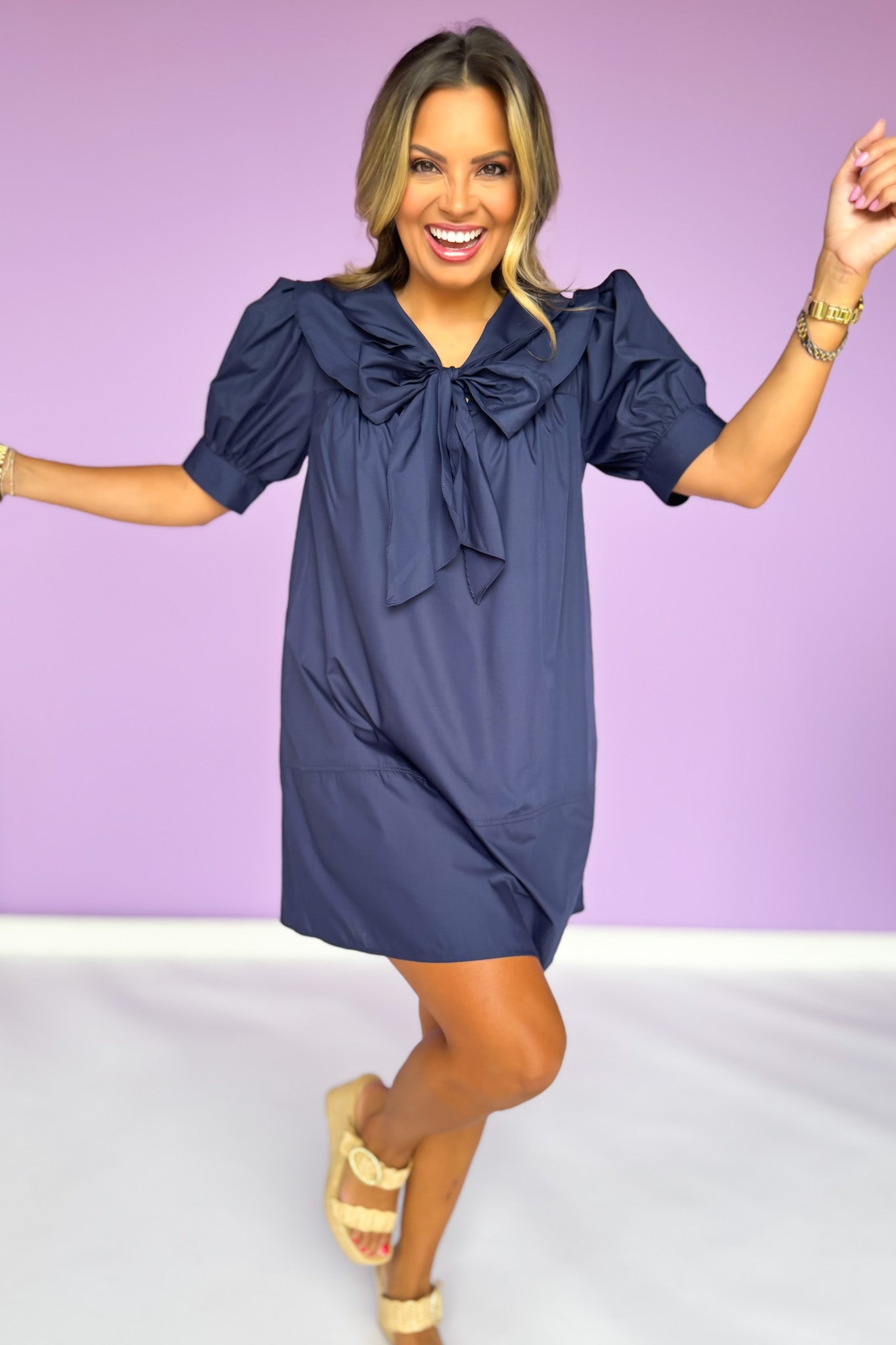 Navy Sailor Collar Bow Short Puff Cuff Band Sleeve Dress *FINAL SALE*