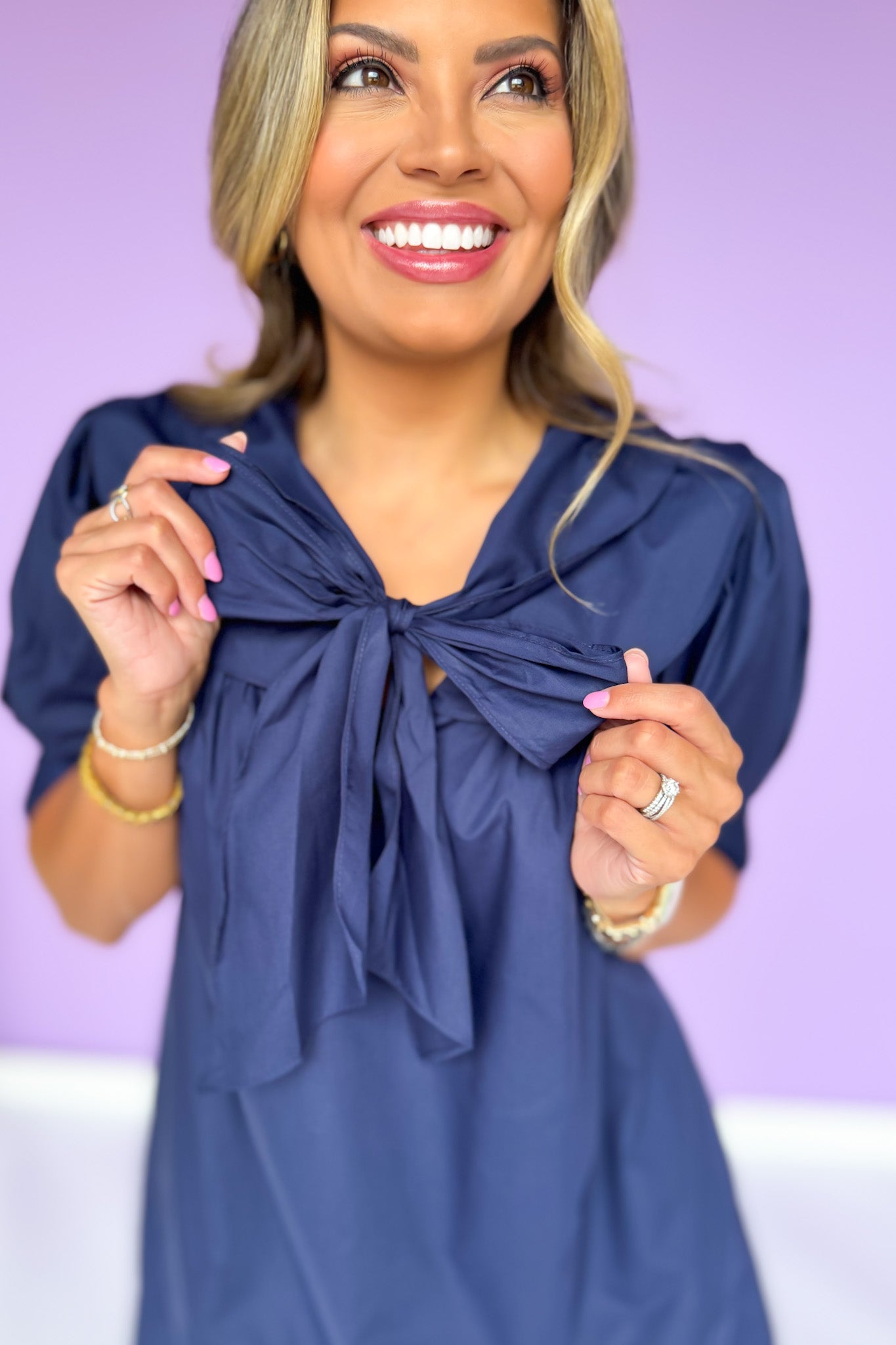 Navy Sailor Collar Bow Short Puff Cuff Band Sleeve Dress *FINAL SALE*