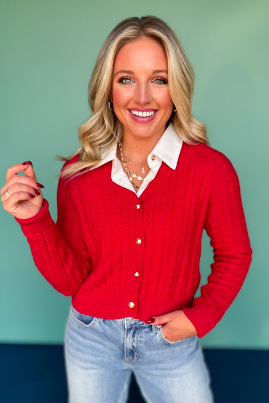 SSYS Lizzy V Neck Cable Knit Cardigan In Red