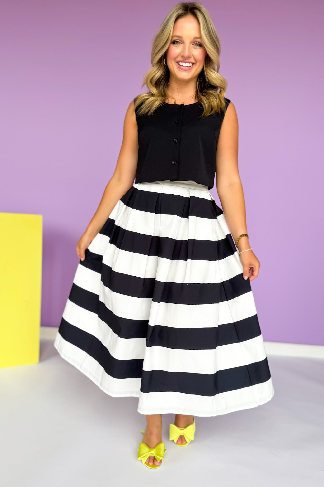 Black Stripe Pleated Side Zipper Full Midi Skirt