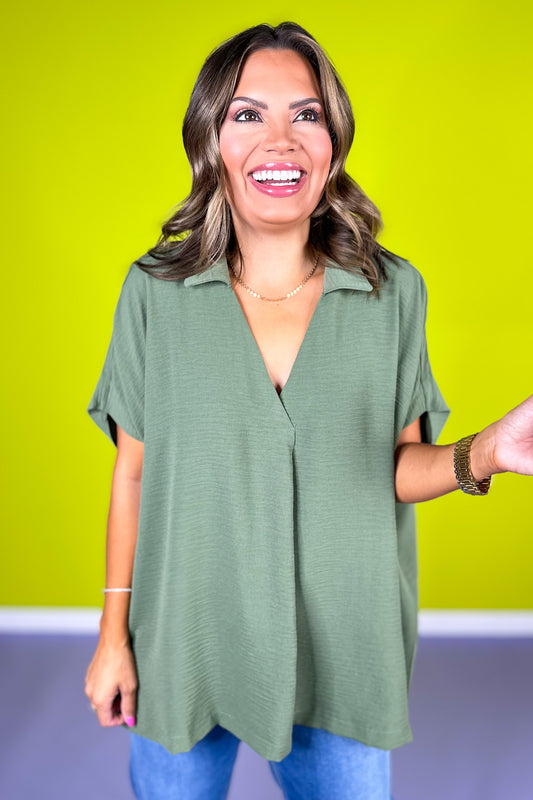 Olive Collared V Neck Short Sleeve Top *FINAL SALE*