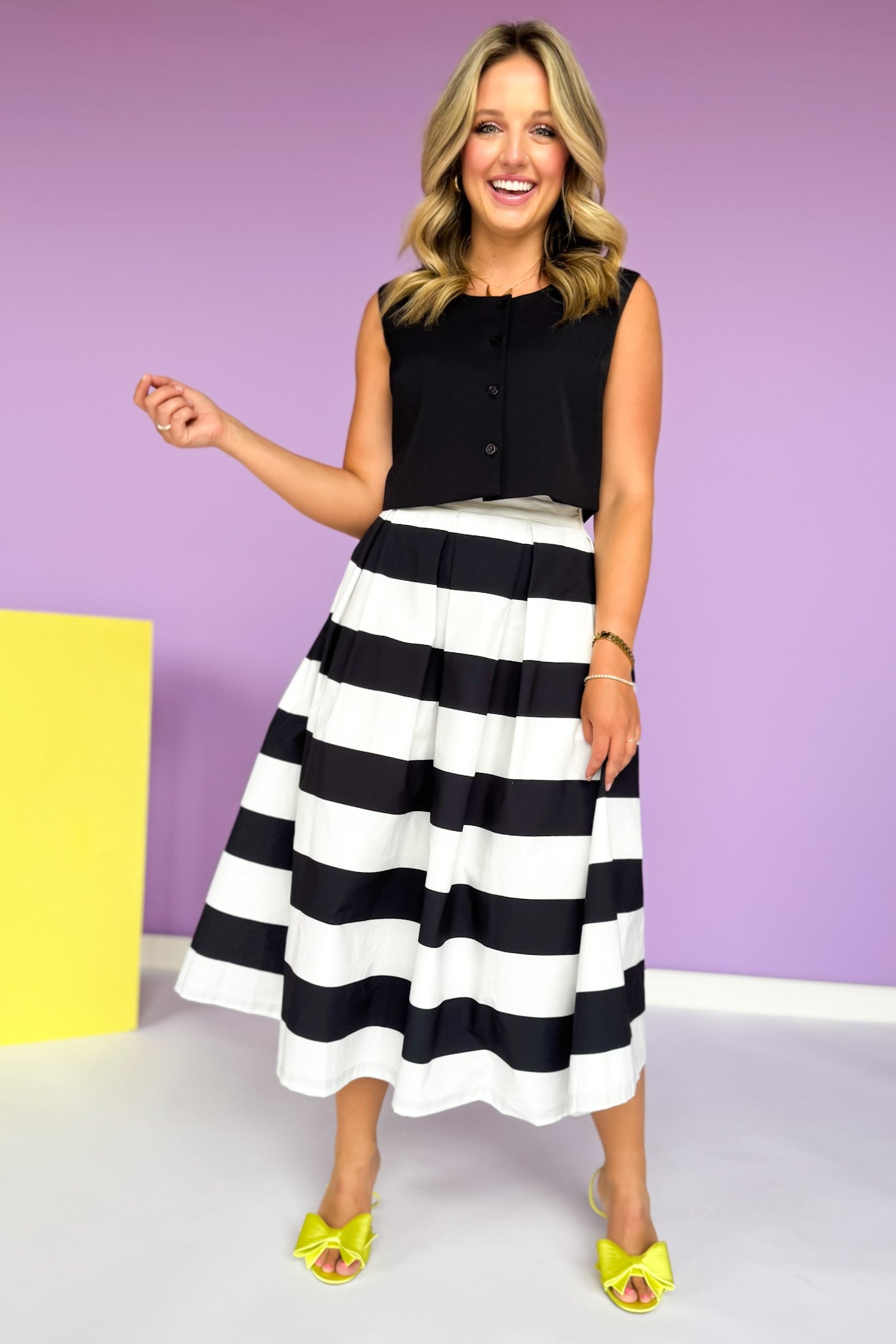 Black Stripe Pleated Side Zipper Full Midi Skirt