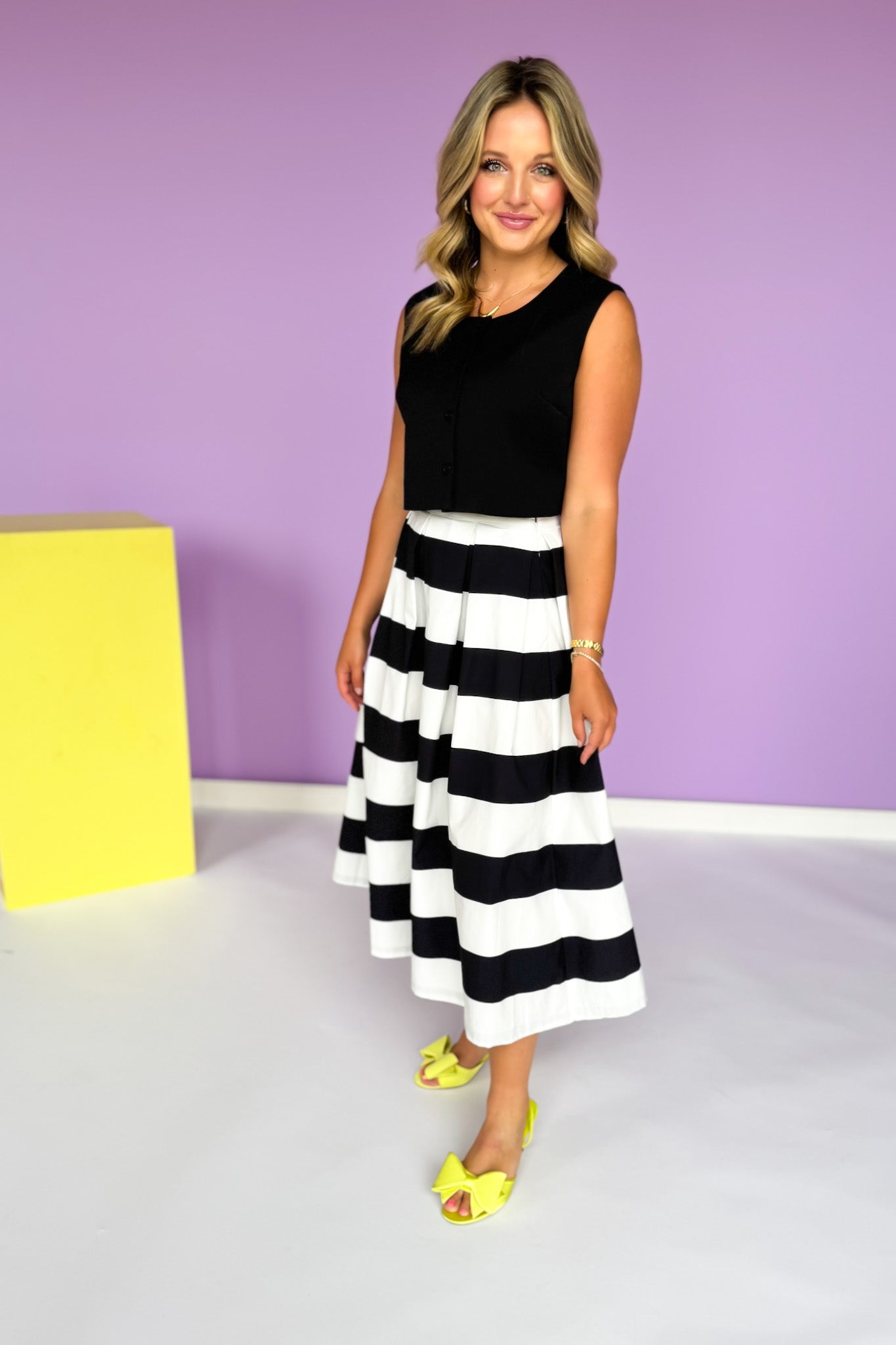 Black Stripe Pleated Side Zipper Full Midi Skirt