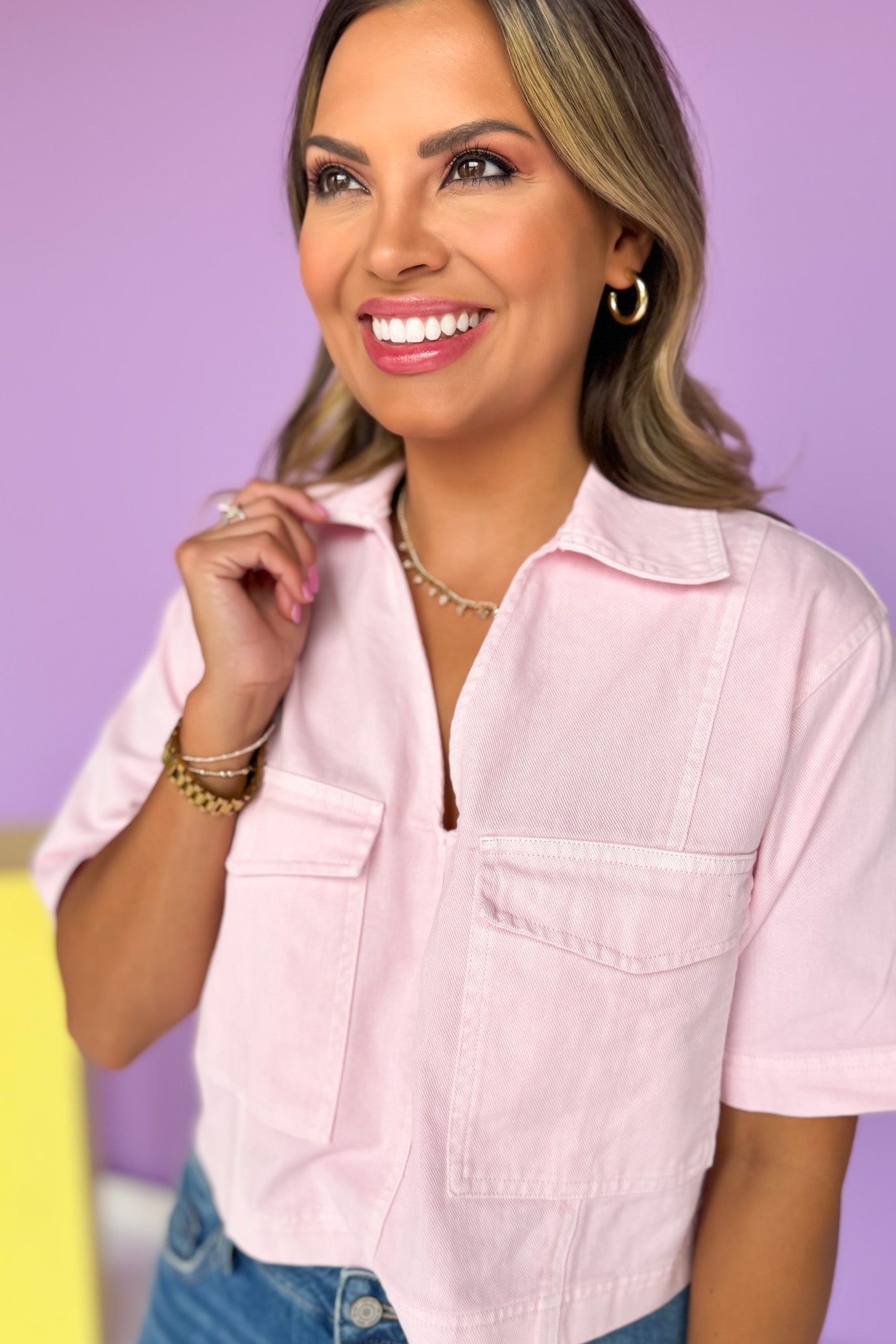 Pink Denim Collared V Neck Front Flap Pocket Top