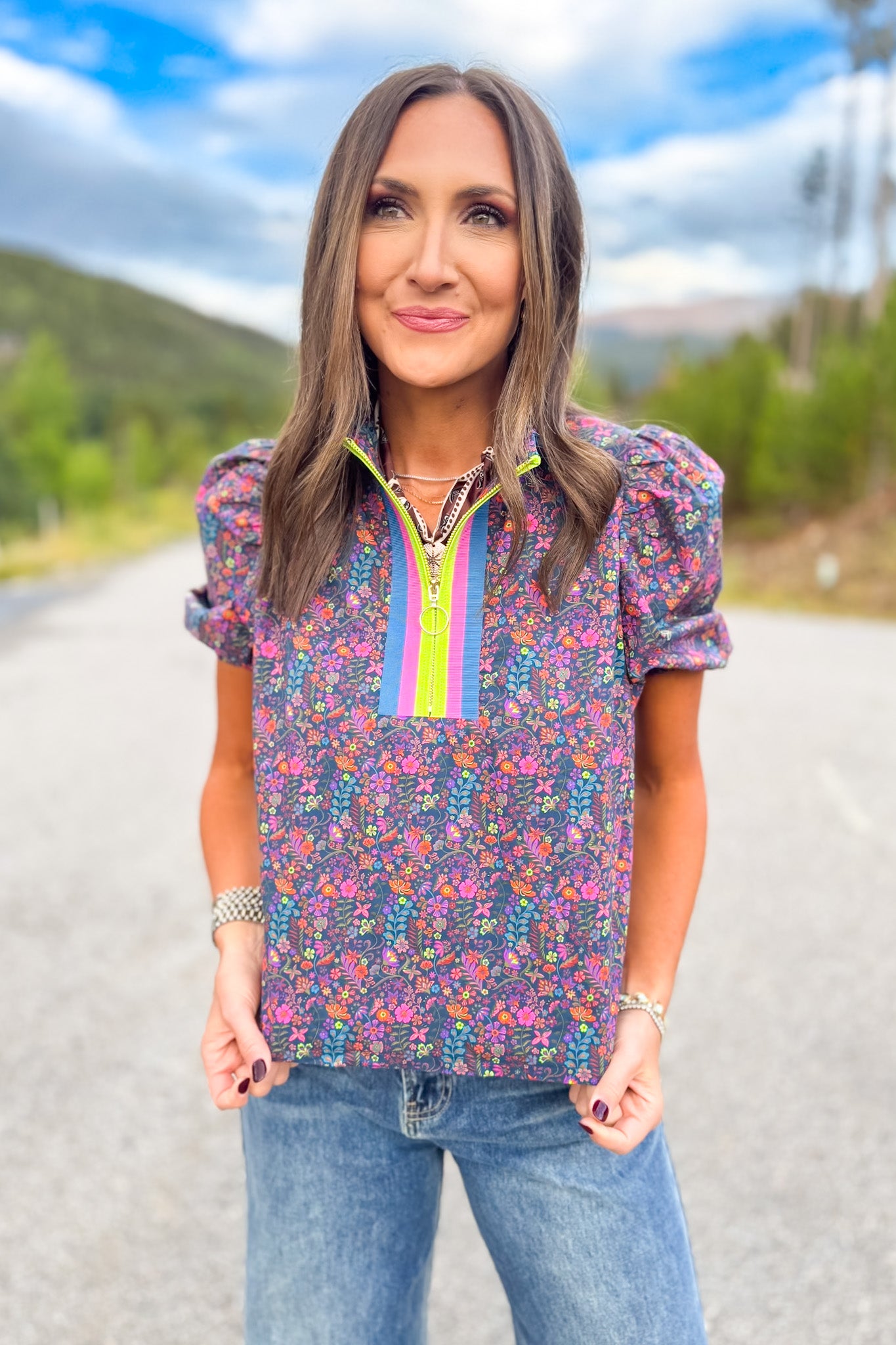 SSYS Emerson Contrast Stripe Short Sleeve Top In Magenta Blooms