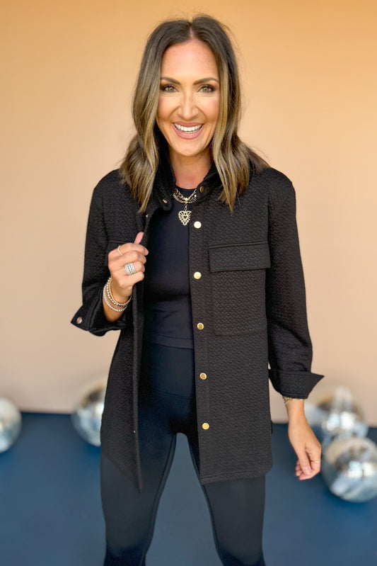 SSYS The Tyler Diamond Quilted Shacket In Black, Ssys the label, ssys shacket, chic jacket, must have shacket, elevated shacket, mom fashion, mom style, fall fashion, fall top, ssys by mallory fitzsimmons