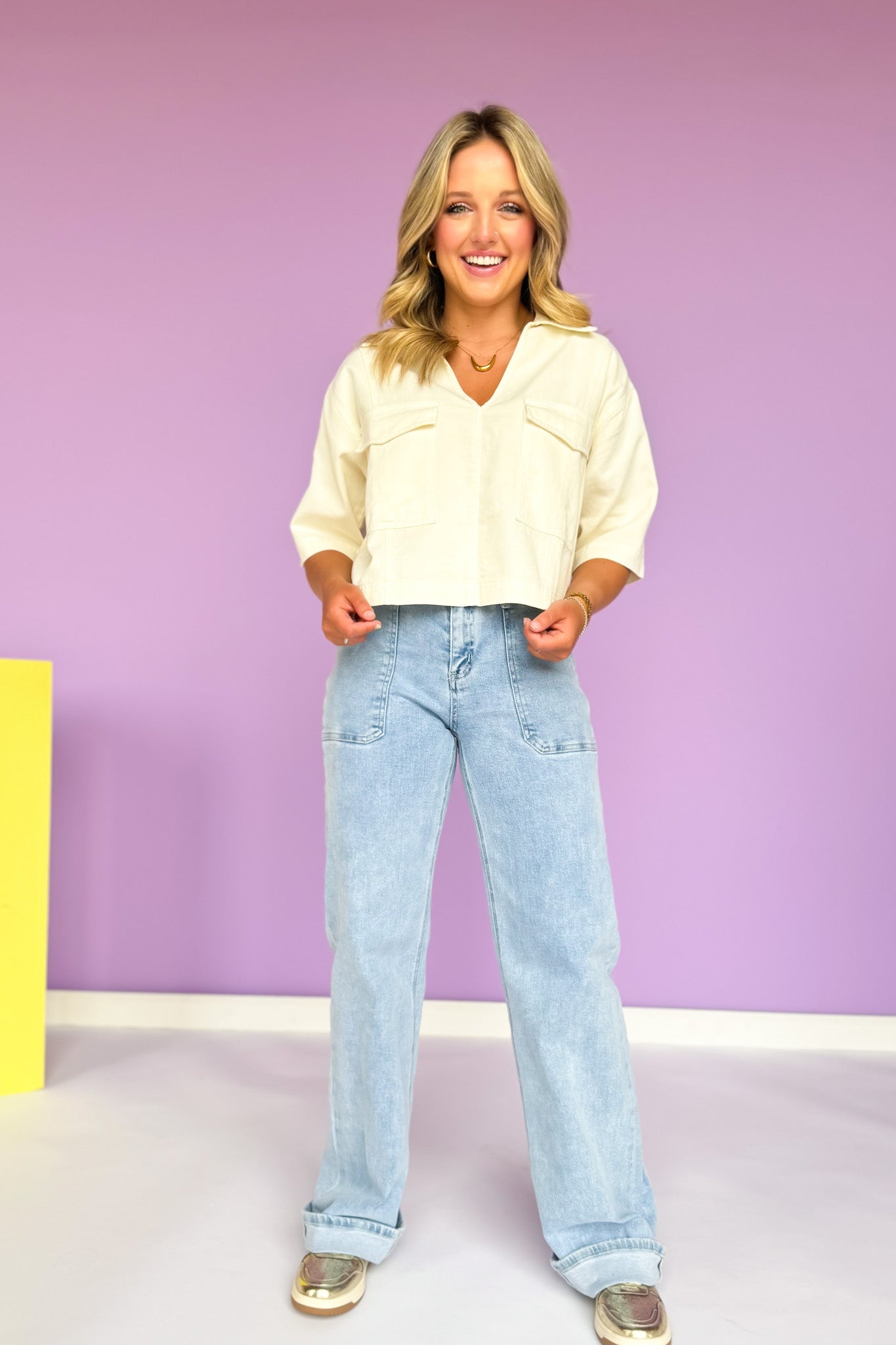 Cream Denim Collared V Neck Front Flap Pocket Top