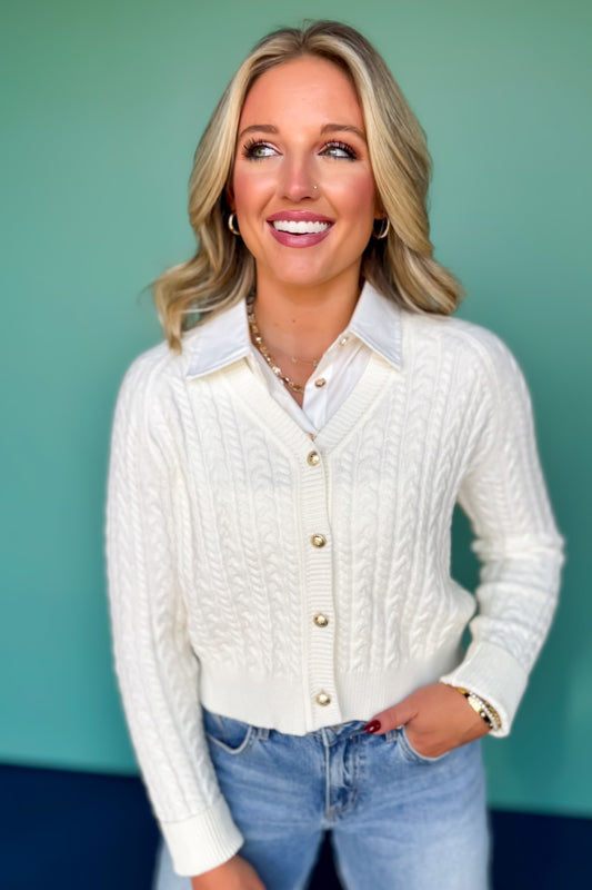 SSYS Lizzy V Neck Cable Knit Cardigan In Ivory