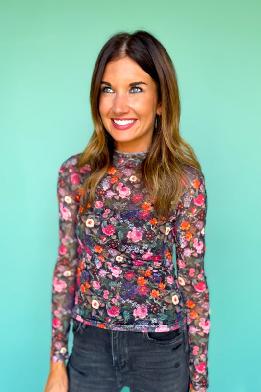 SSYS Ingrid Printed Mesh Top In Dark Floral