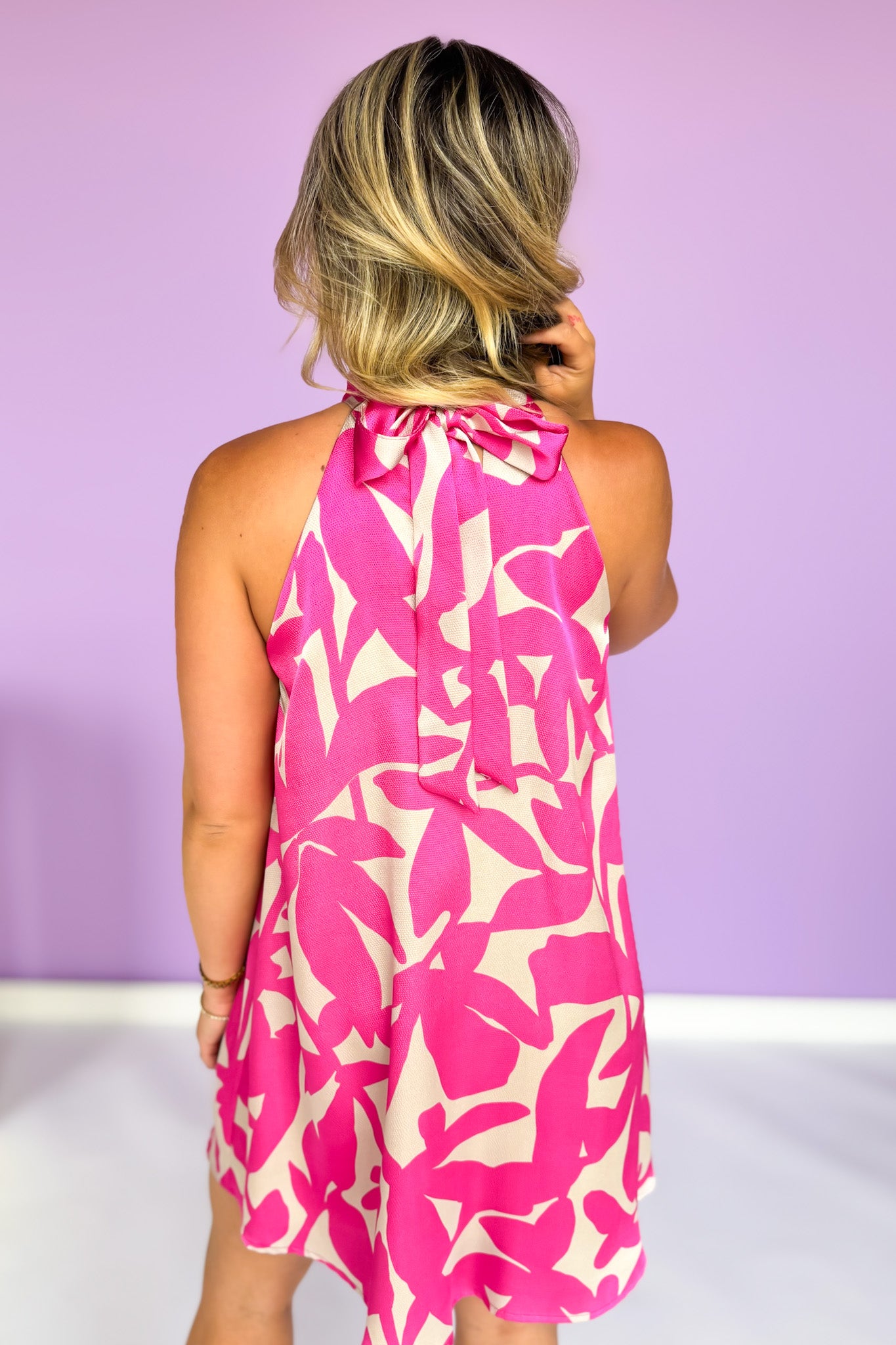 Fuchsia Print Satin Halter A Line Dress