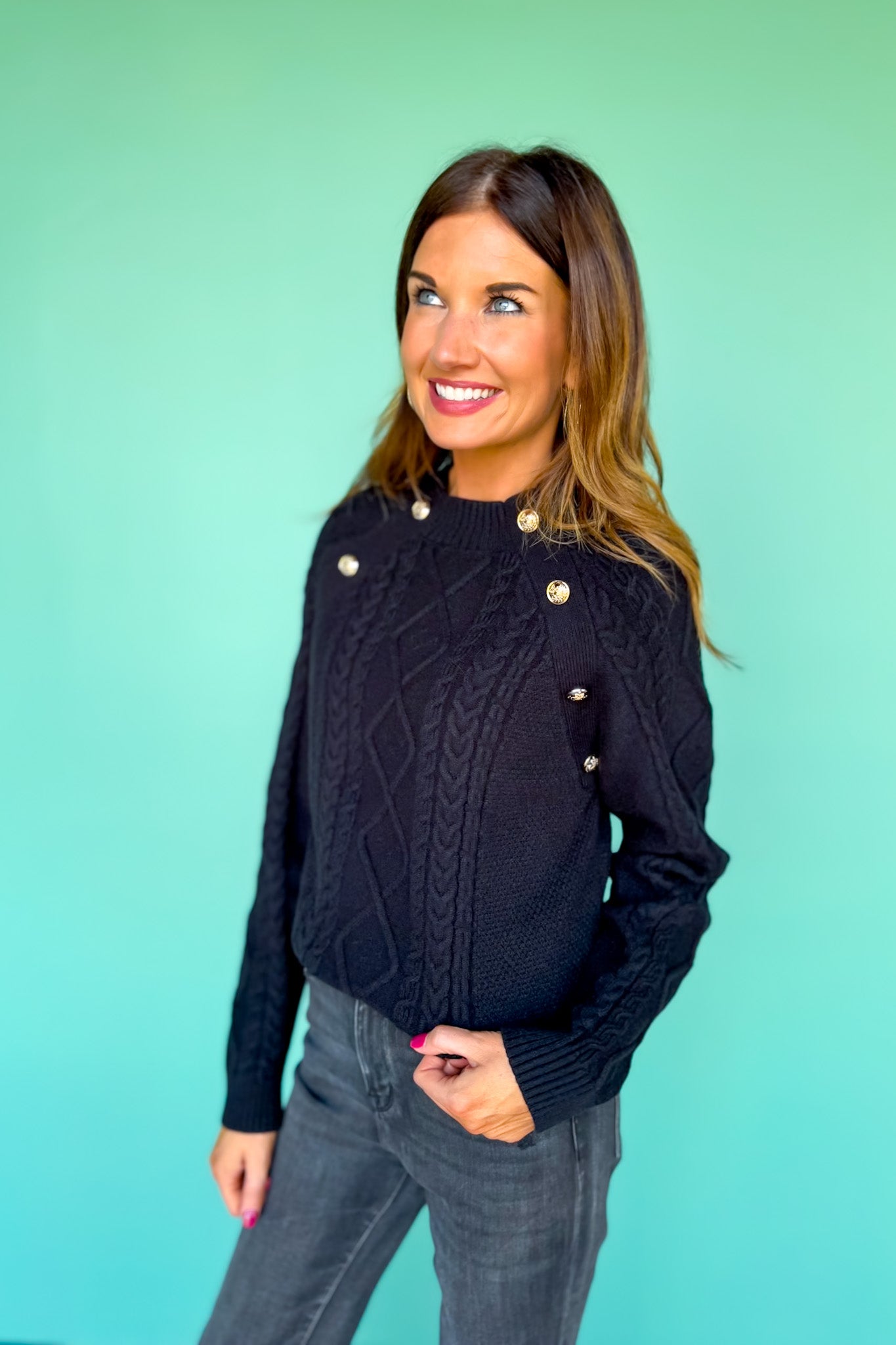 SSYS Larkyn Button Cable Knit Sweater In Black