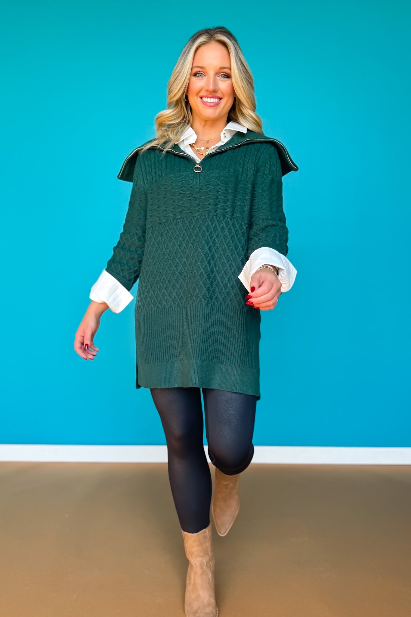 SSYS Tori Exaggerated Collar Zip Knit Pullover In Hunter