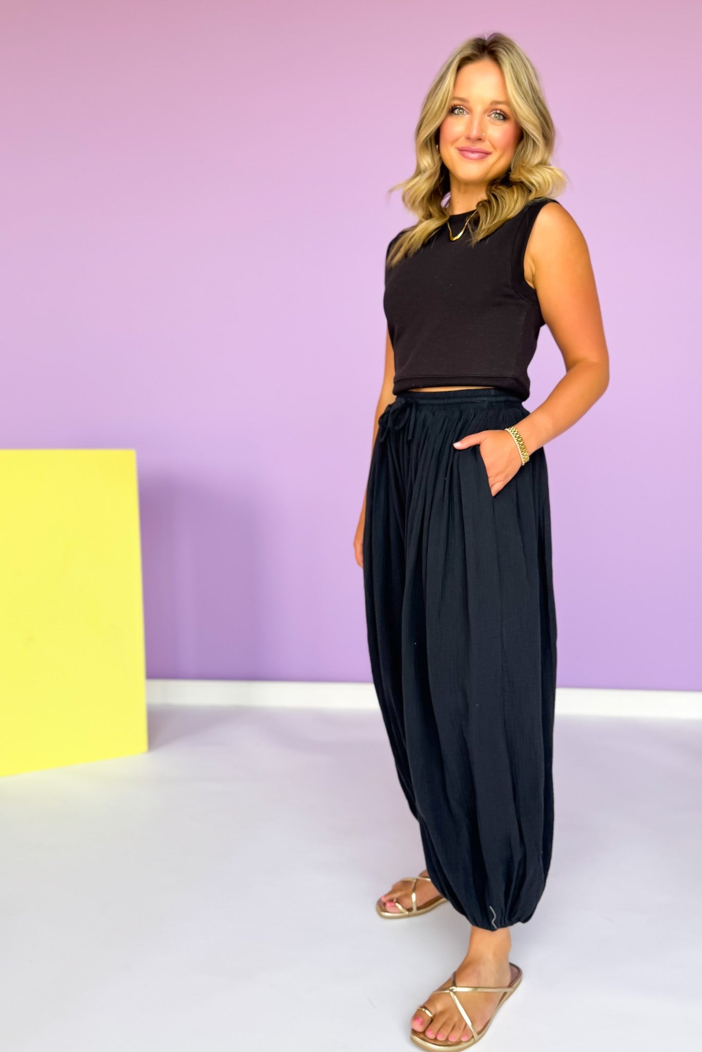 Black Gauze High Elastic Waist Baggy Leg Cuff Hem Pants