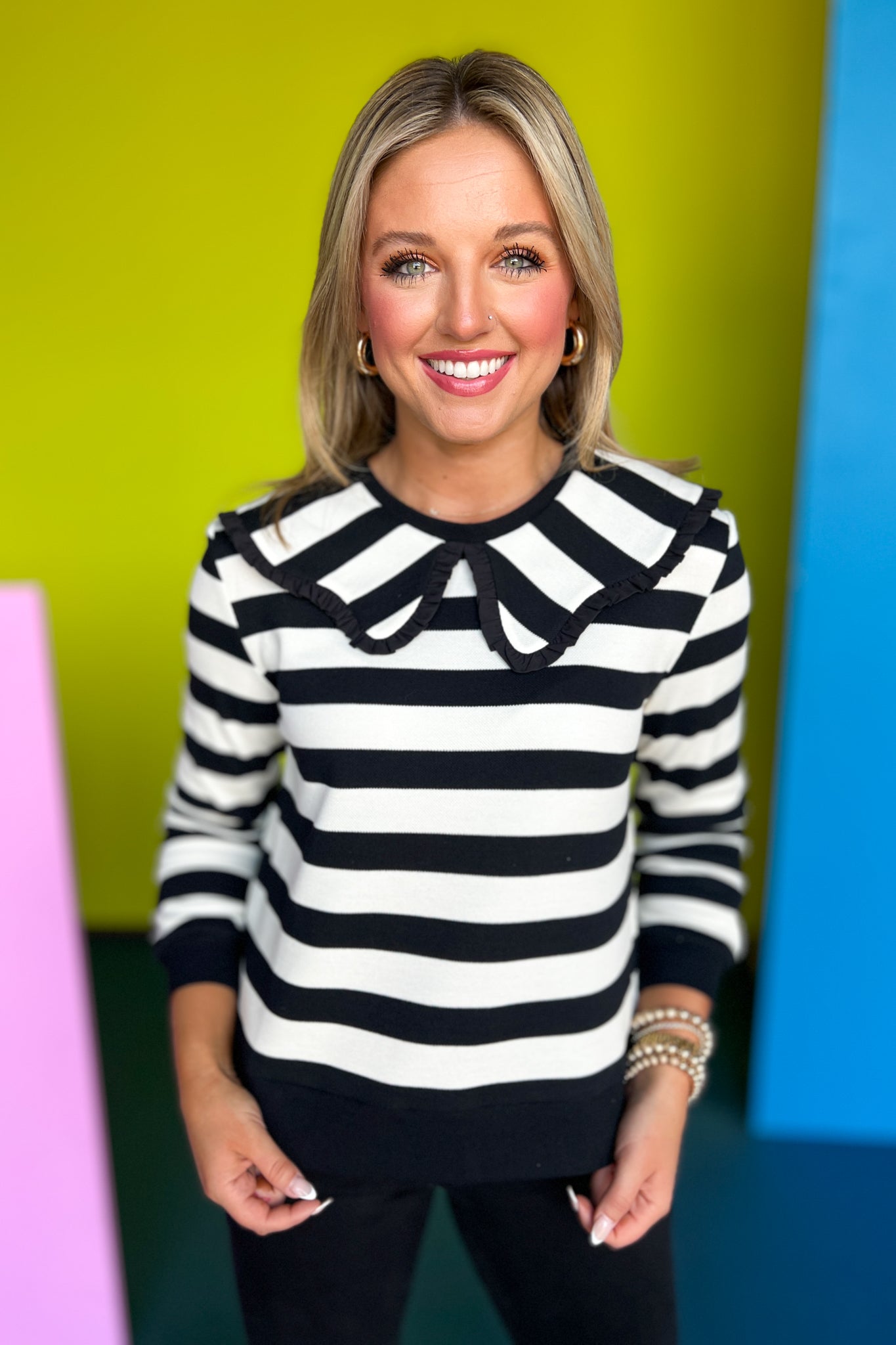 SSYS The Pippa Striped Peter Pan Collar Sweater In Black, ssys fall collection, ssys fall, fall style, fall outfit, must have fall, elevated fall, mom style, office style, office outfit, fall top, elevated top, ssys top, ssys by mallory fitzsimmons