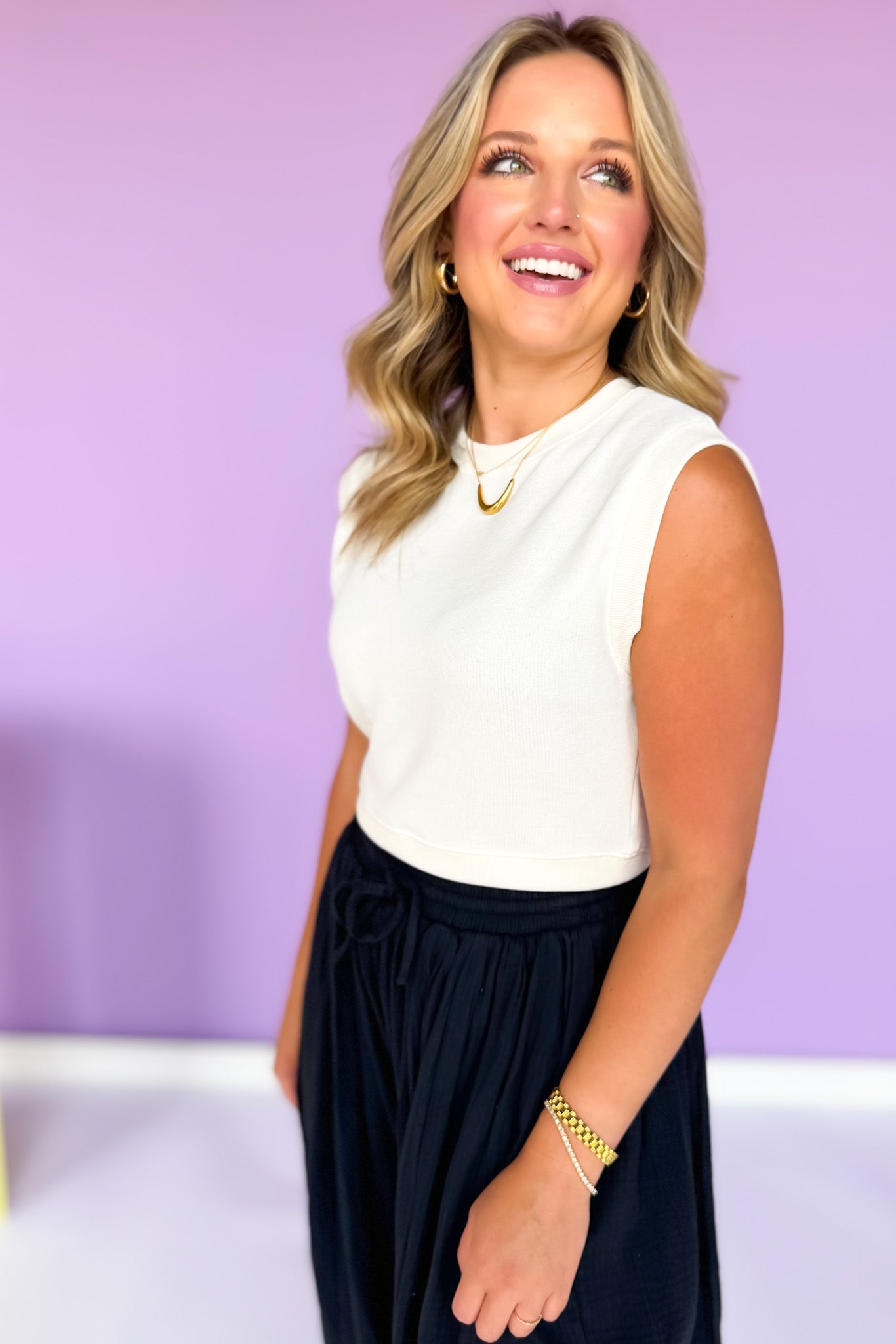 Cream Banded Waist Sleeveless Top