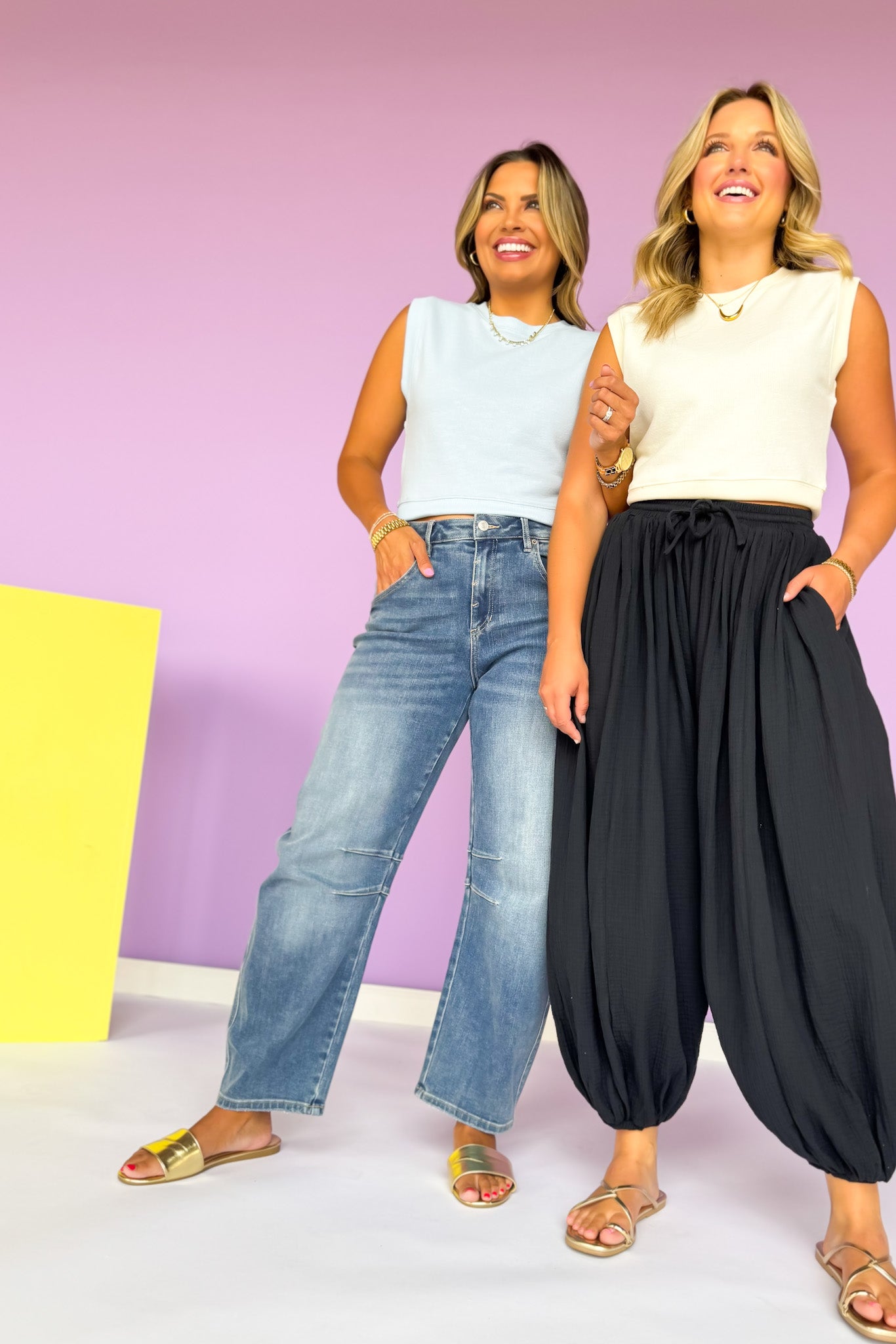Black Gauze High Elastic Waist Baggy Leg Cuff Hem Pants