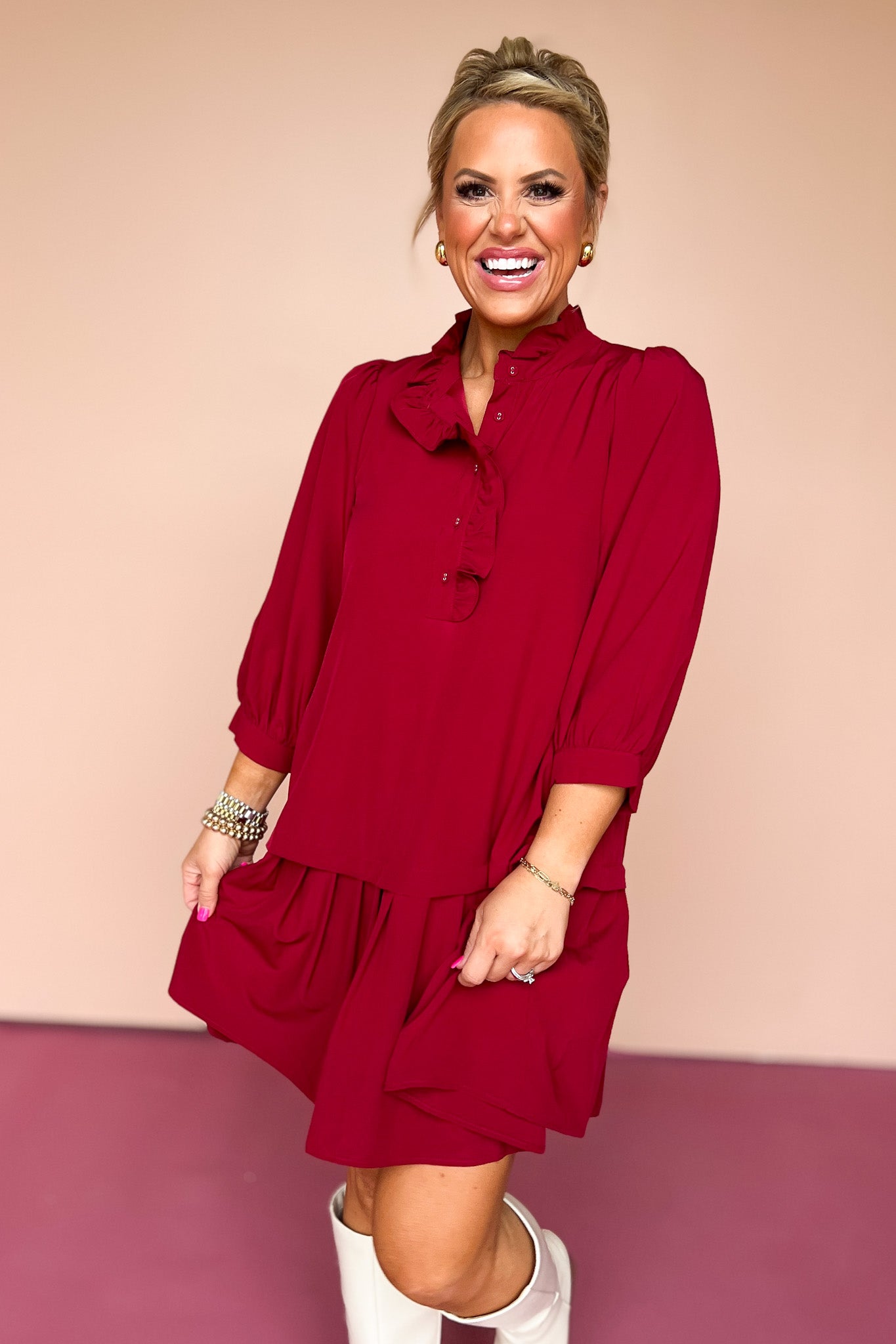 Scarlet Ruffle Neck Drop Waist Dress, must have dress, must have style, fall style, fall fashion, elevated style, elevated style, mom style, shop style your senses by mallory fitzsimmons, ssys by mallory fitzsimmons