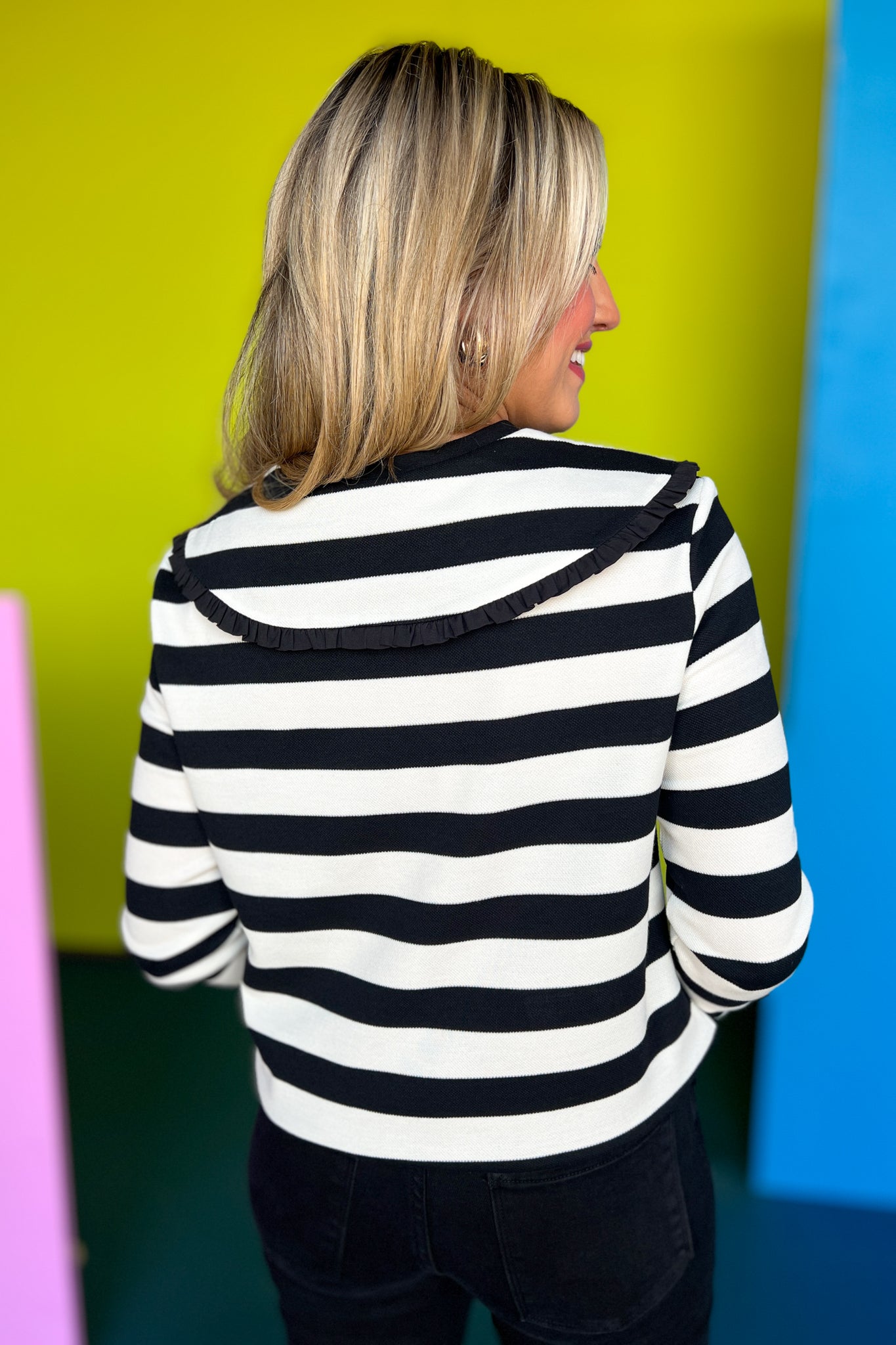 SSYS The Pippa Striped Peter Pan Collar Sweater In Black, ssys fall collection, ssys fall, fall style, fall outfit, must have fall, elevated fall, mom style, office style, office outfit, fall top, elevated top, ssys top, ssys by mallory fitzsimmons
