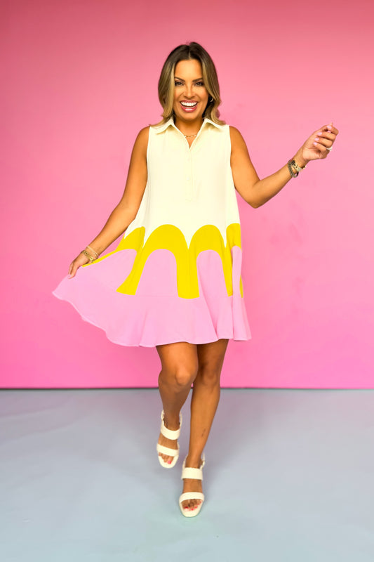 Ecru Pink Sleeveless Collared Colorblock Arch Dress