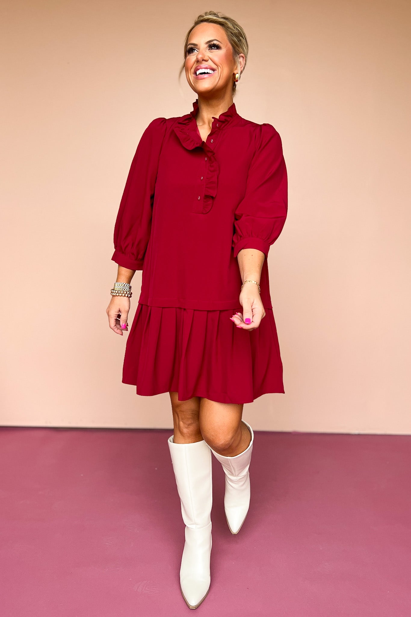 Scarlet Ruffle Neck Drop Waist Dress, must have dress, must have style, fall style, fall fashion, elevated style, elevated style, mom style, shop style your senses by mallory fitzsimmons, ssys by mallory fitzsimmons