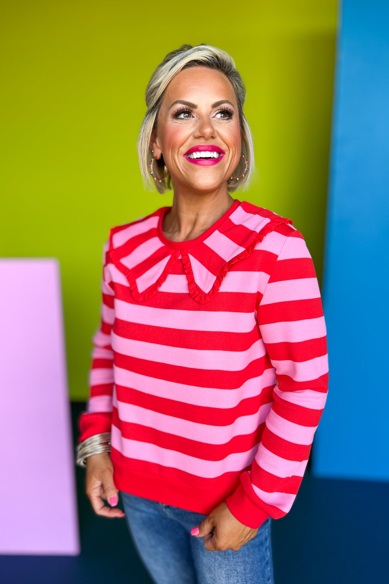SSYS The Pippa Striped Peter Pan Collar Sweater In Red, ssys fall collection, ssys fall, fall style, fall outfit, must have fall, elevated fall, mom style, office style, office outfit, fall top, elevated top, ssys top, ssys by mallory fitzsimmons