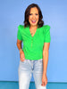 SSYS Cece Knit Puff Short Sleeve Top In Green, cece fabric, button details, v-neck, everyday wear, comfortable, easy, versatile, exclusive design, ssys by mallory fitzsimmons