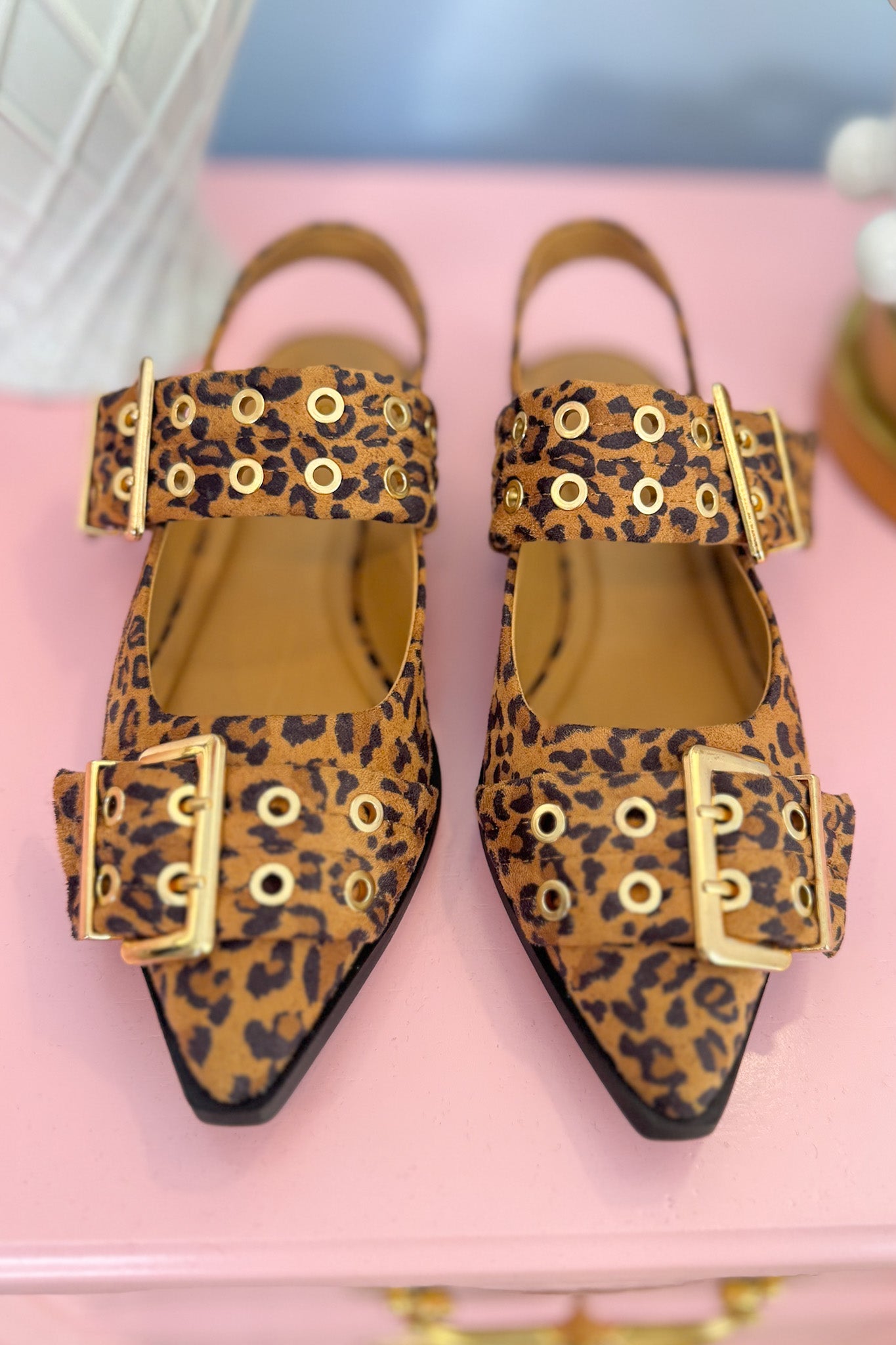 Taupe Animal Print Eyelet Belt Strap Slingback Flats