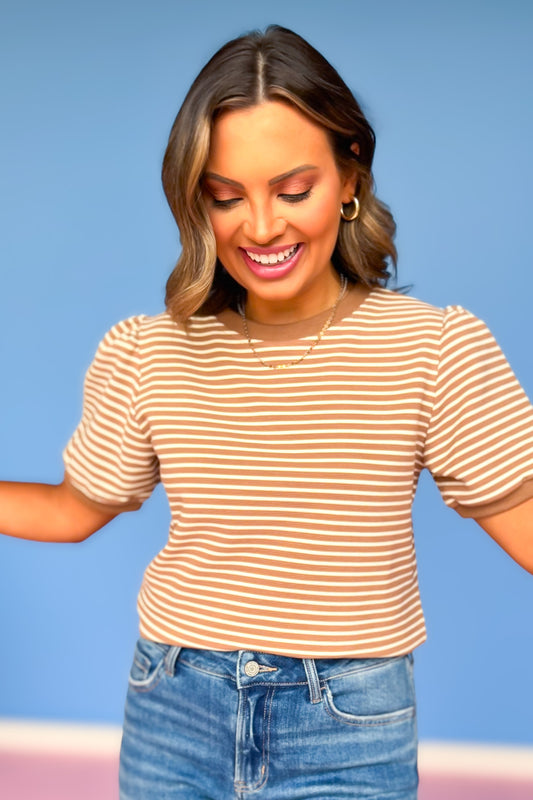 SSYS Teagan Striped Short Sleeve Top In Taupe