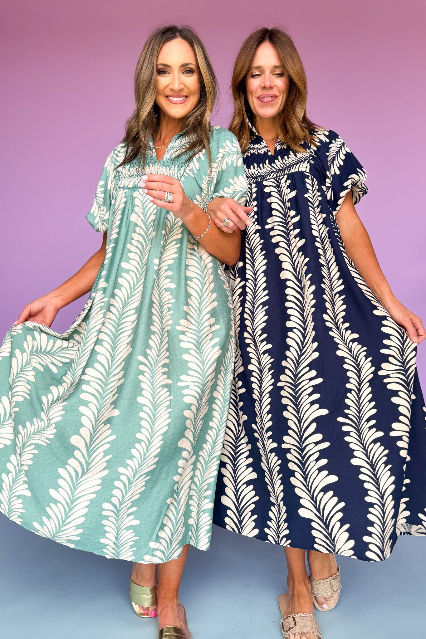 Mint Printed Smock Front Yoke Short Puff Sleeve Midi Dress