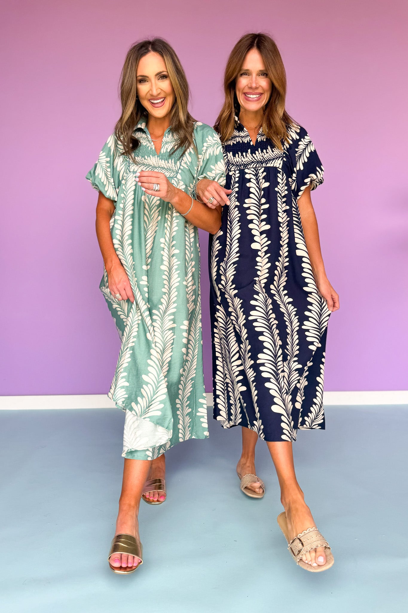 Mint Printed Smock Front Yoke Short Puff Sleeve Midi Dress