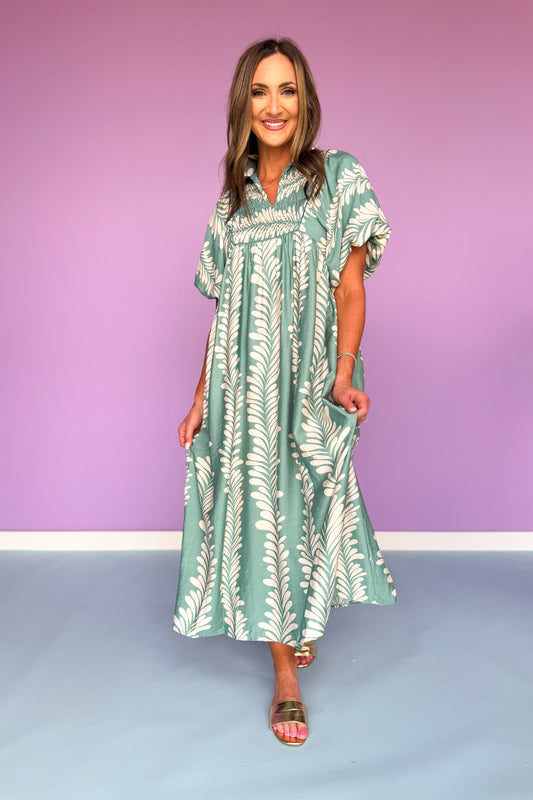 Mint Printed Smock Front Yoke Short Puff Sleeve Midi Dress