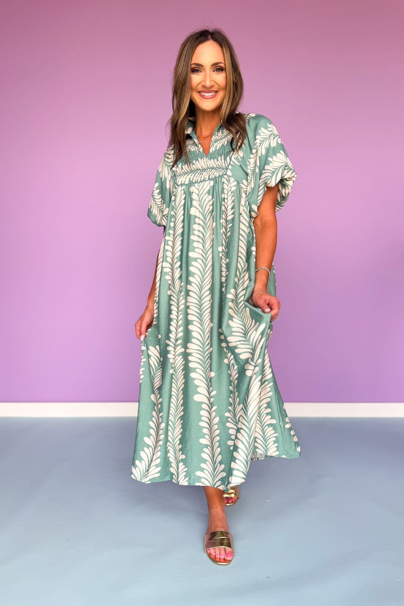 Mint Printed Smock Front Yoke Short Puff Sleeve Midi Dress