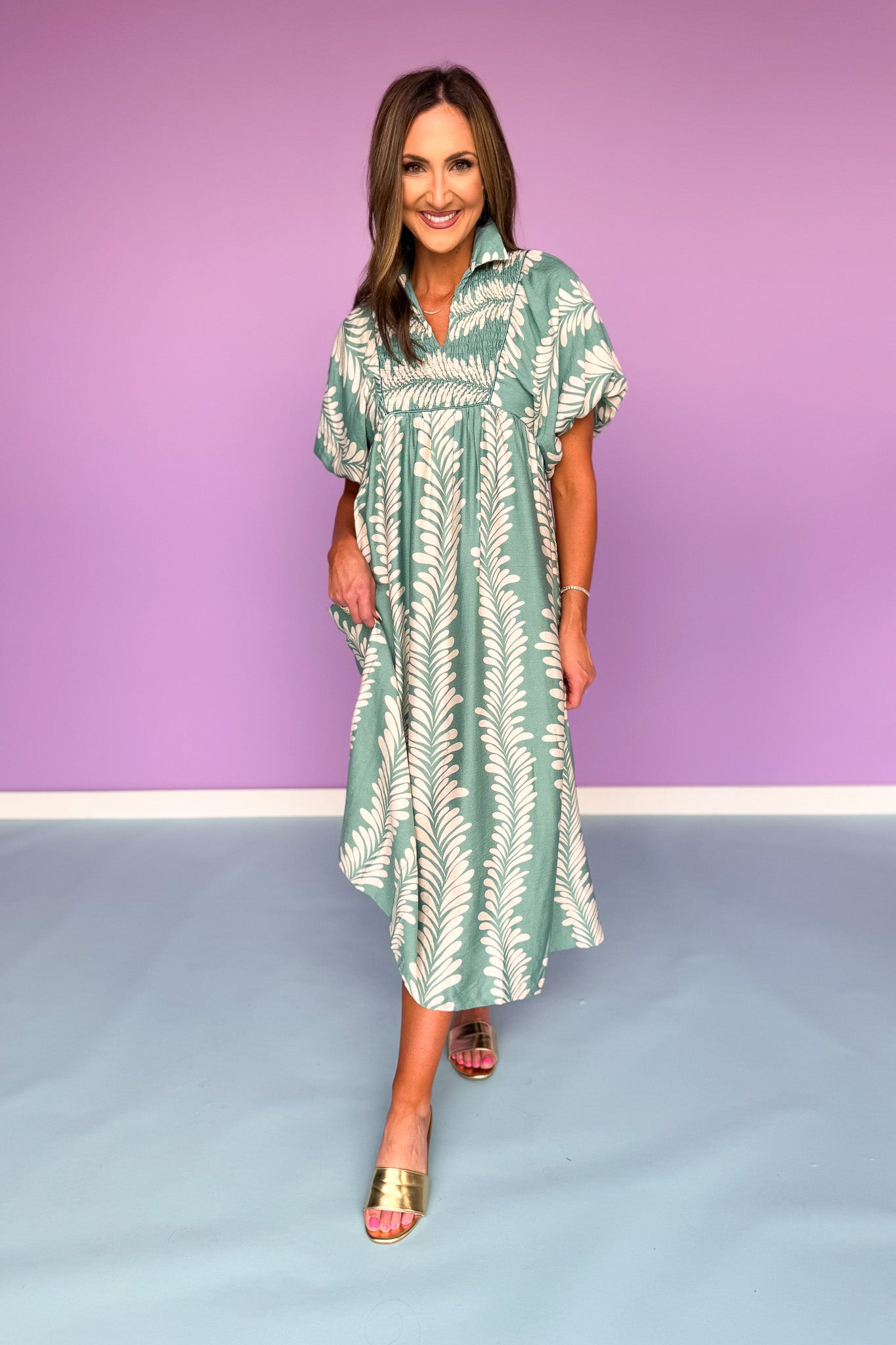 Mint Printed Smock Front Yoke Short Puff Sleeve Midi Dress