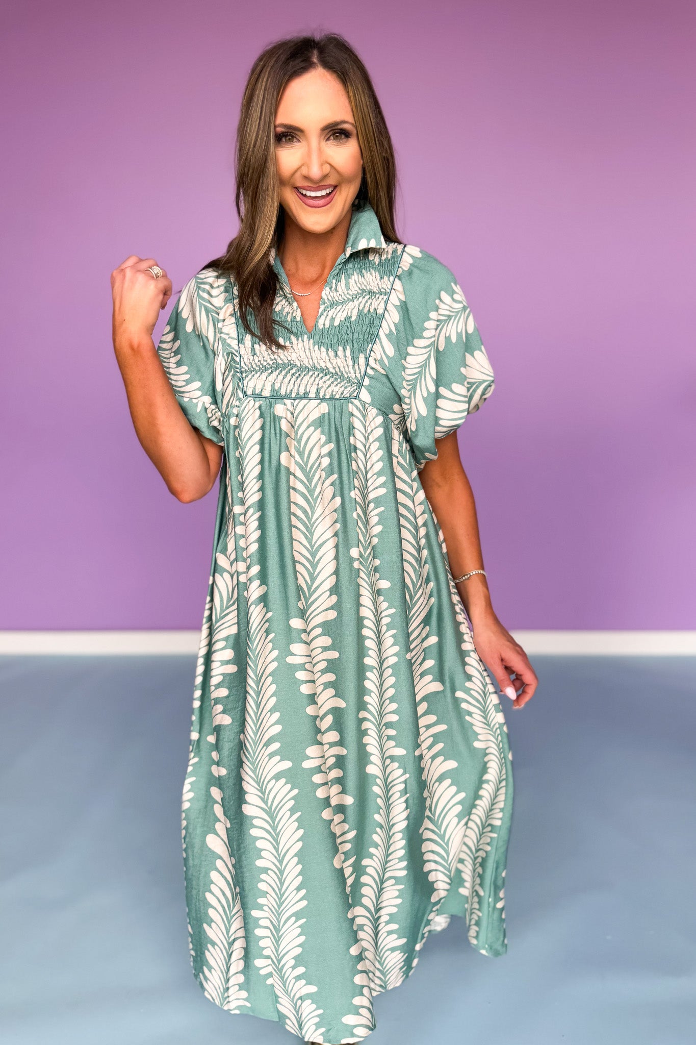 Mint Printed Smock Front Yoke Short Puff Sleeve Midi Dress