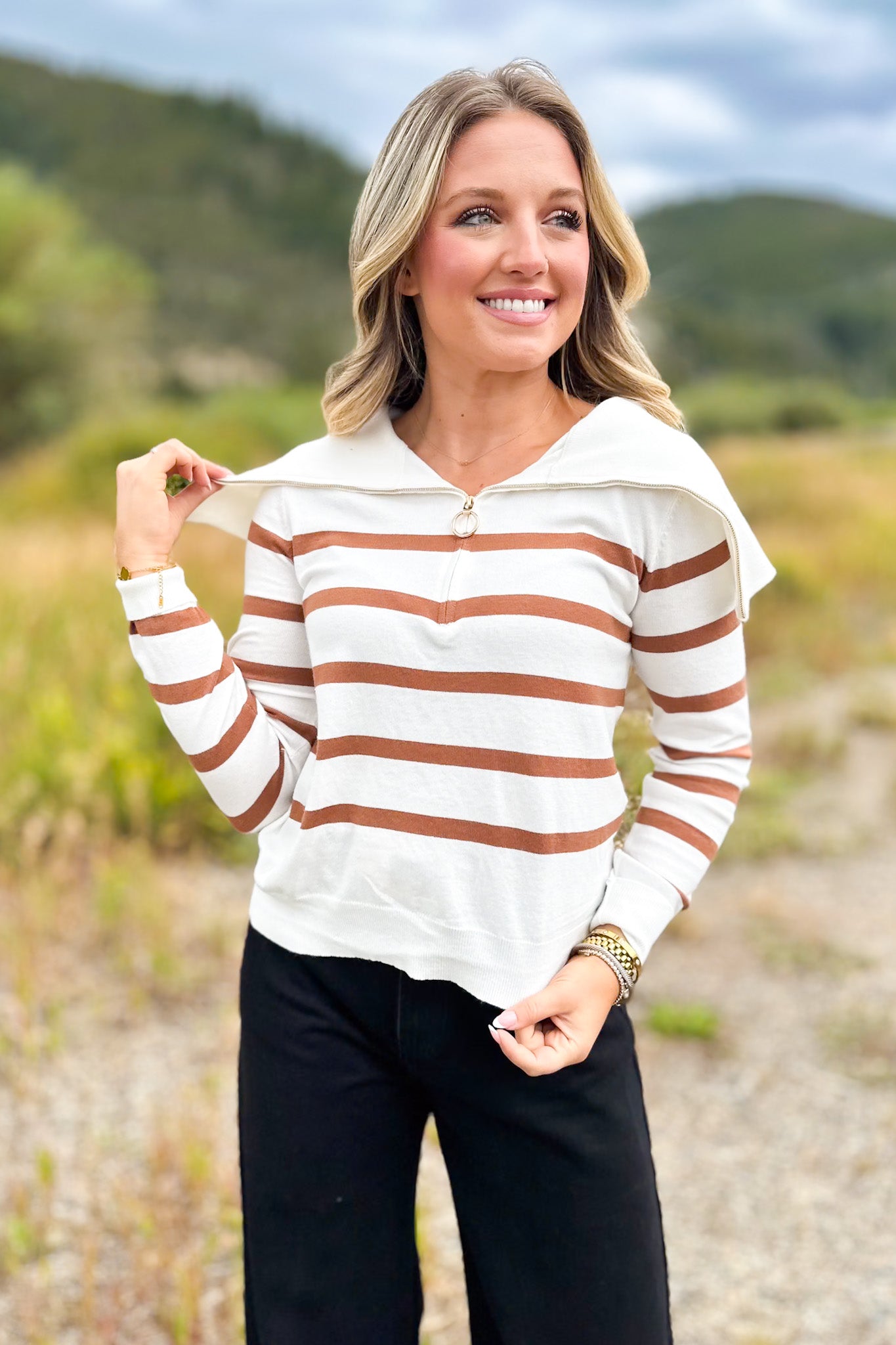 SSYS Alex Stripe Zip Long Sleeve Top In Ivory Taupe