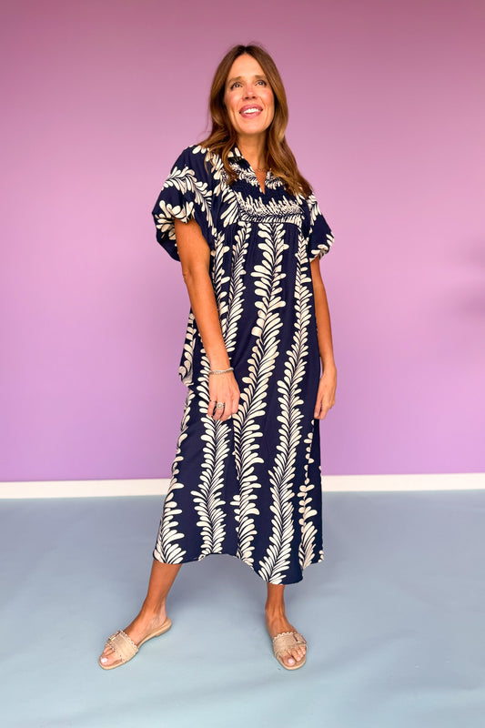 Navy Printed Smock Front Yoke Short Puff Sleeve Midi Dress