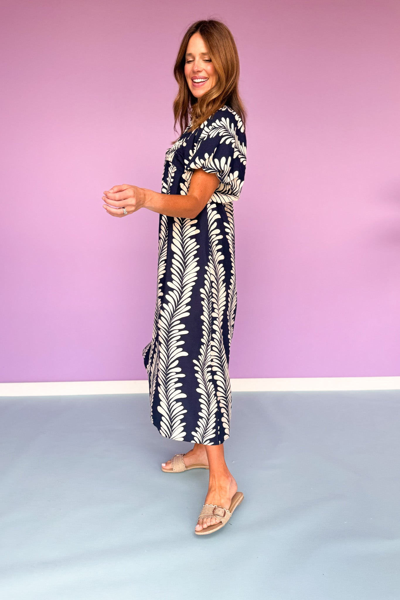 Navy Printed Smock Front Yoke Short Puff Sleeve Midi Dress