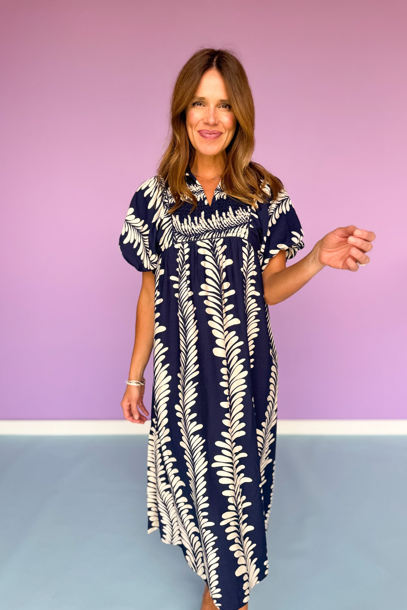 Navy Printed Smock Front Yoke Short Puff Sleeve Midi Dress