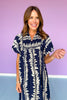 Navy Printed Smock Front Yoke Short Puff Sleeve Midi Dress
