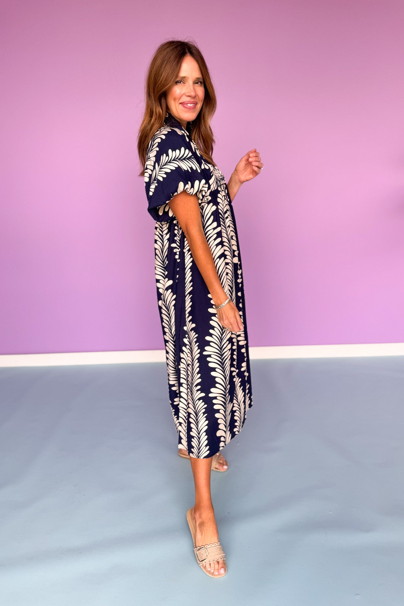 Navy Printed Smock Front Yoke Short Puff Sleeve Midi Dress