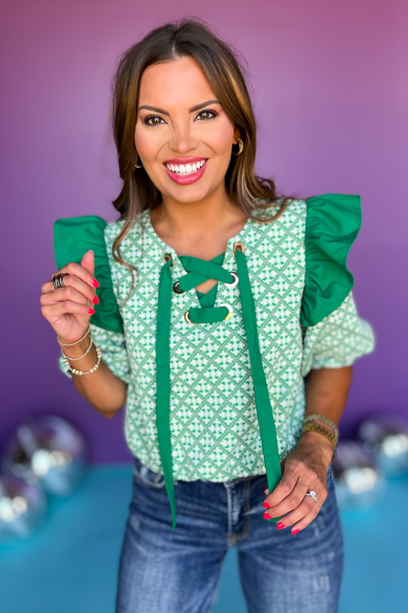 Green Knit Printed Metal Eyelet Lace Up Top, must have top, must have style, fall style, fall fashion, elevated style, elevated top, mom style, shop style your senses by mallory fitzsimmons, ssys by mallory fitzsimmons