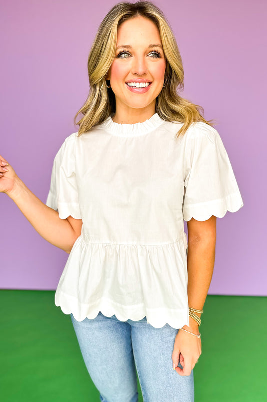 Off White Frill Neck Scallop Detail Peplum Top *FINAL SALE*