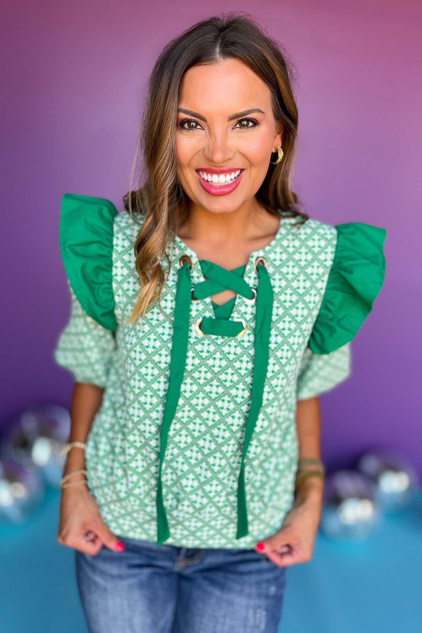 Green Knit Printed Metal Eyelet Lace Up Top, must have top, must have style, fall style, fall fashion, elevated style, elevated top, mom style, shop style your senses by mallory fitzsimmons, ssys by mallory fitzsimmons