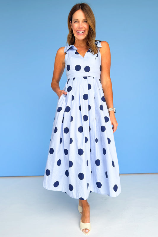 Blue Polka Dot V Neck Sleeveless Bow Shoulder Pleated Midi Dress