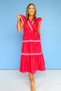 Red Ric Rac Accent Flutter Sleeve Wrap Tiered Midi Dress *FINAL SALE*