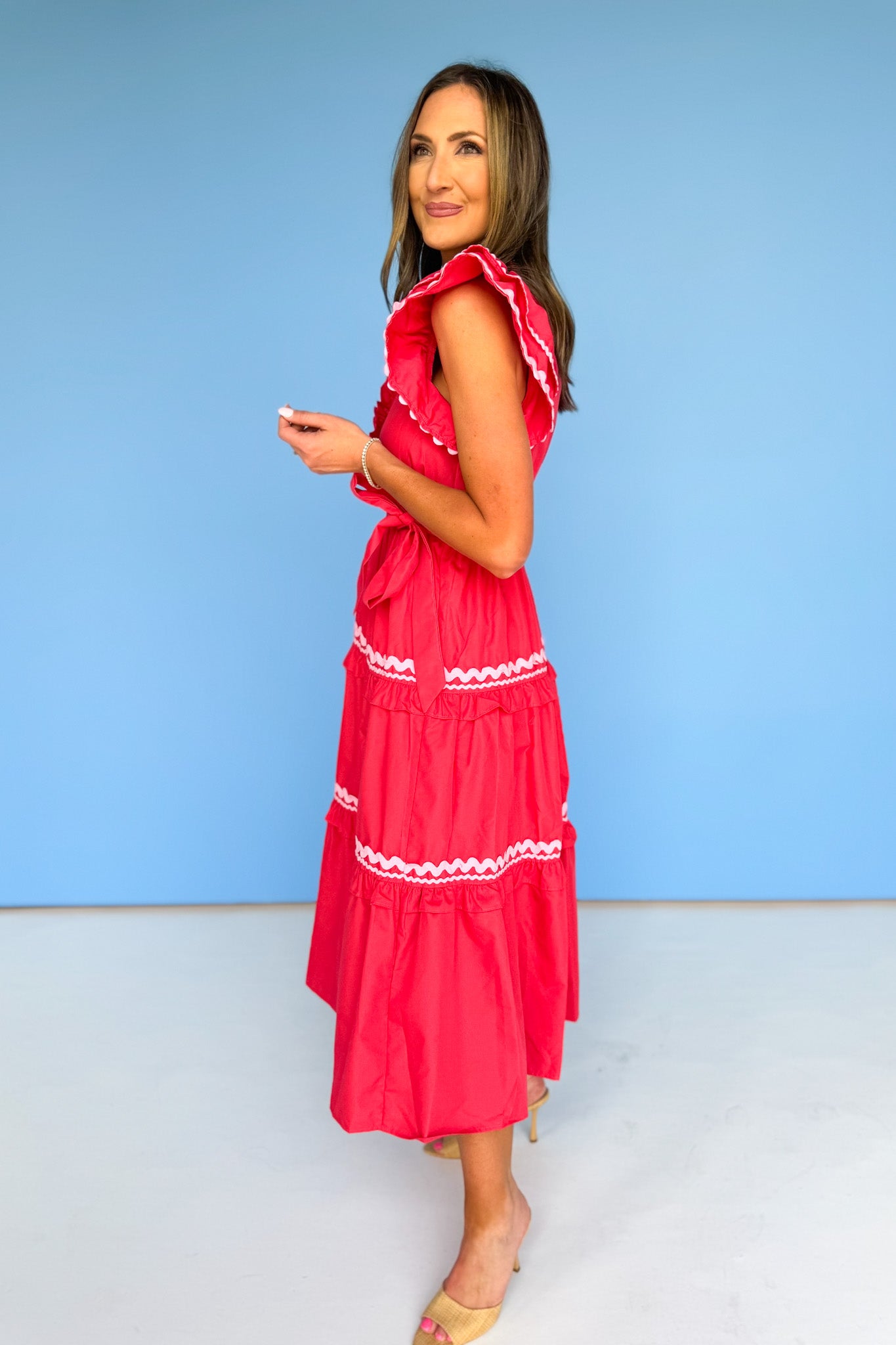 Red Ric Rac Accent Flutter Sleeve Wrap Tiered Midi Dress *FINAL SALE*