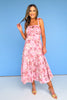 Pink Multi Print Tie Front Shoulder Detail Tiered Midi Dress *FINAL SALE*